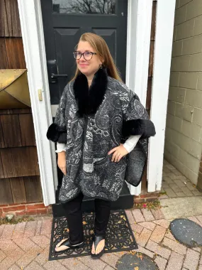 Black Paisley Wrap with Faux Fur Trim