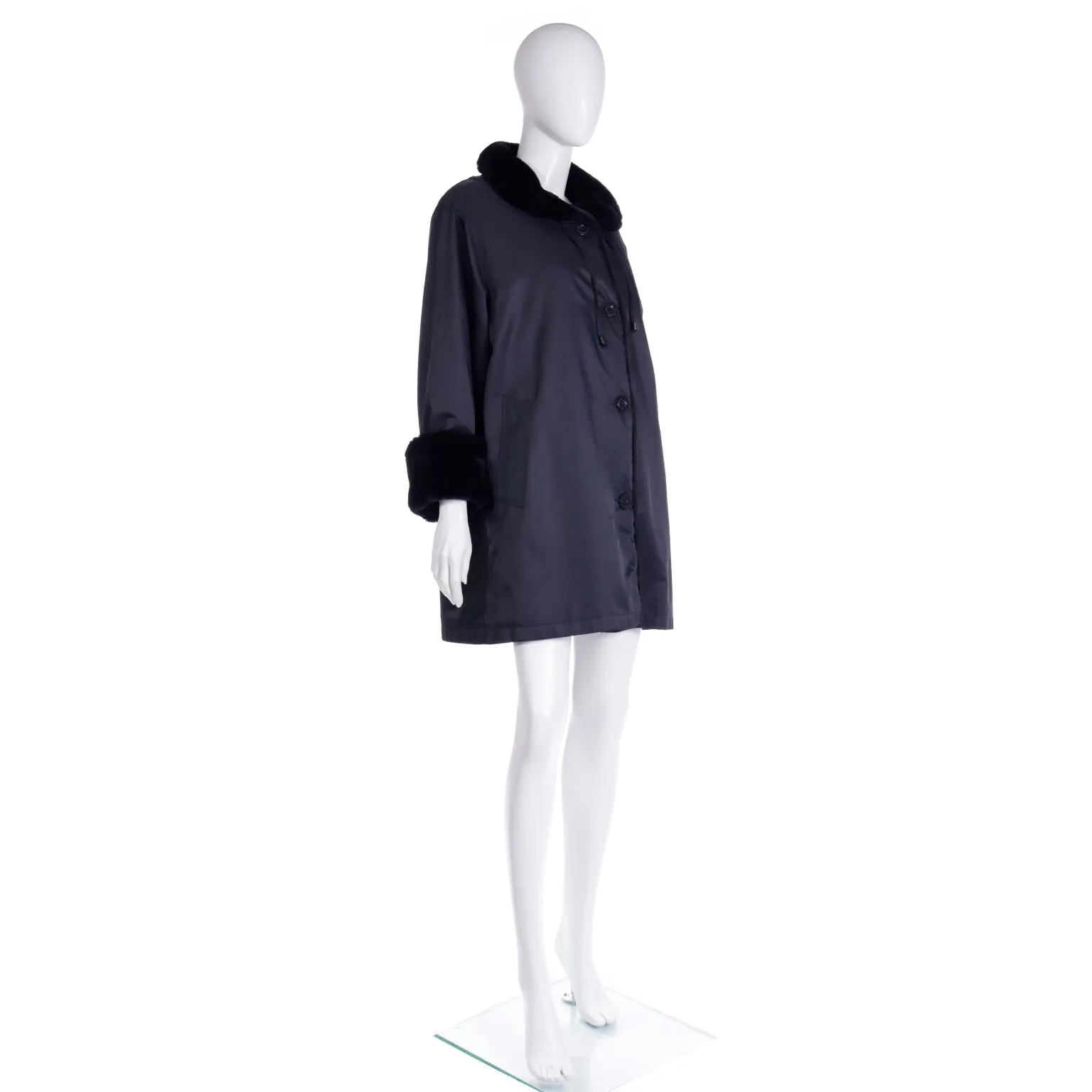 1990s Isaac Mizrahi Black All Weather Rain Coat w/ Faux Fur Lining