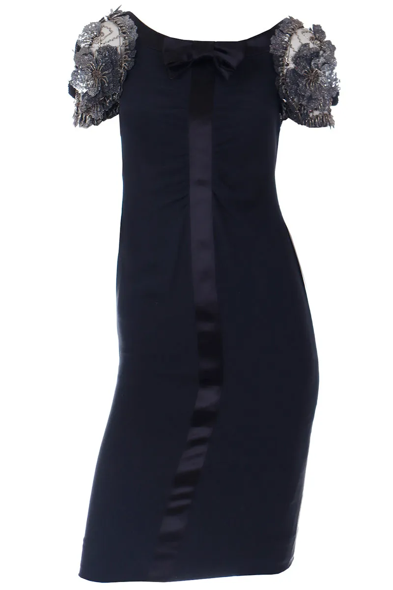 2000s Valentino Midnight Blue Silk Evening Dress W Beaded Applique Sleeves