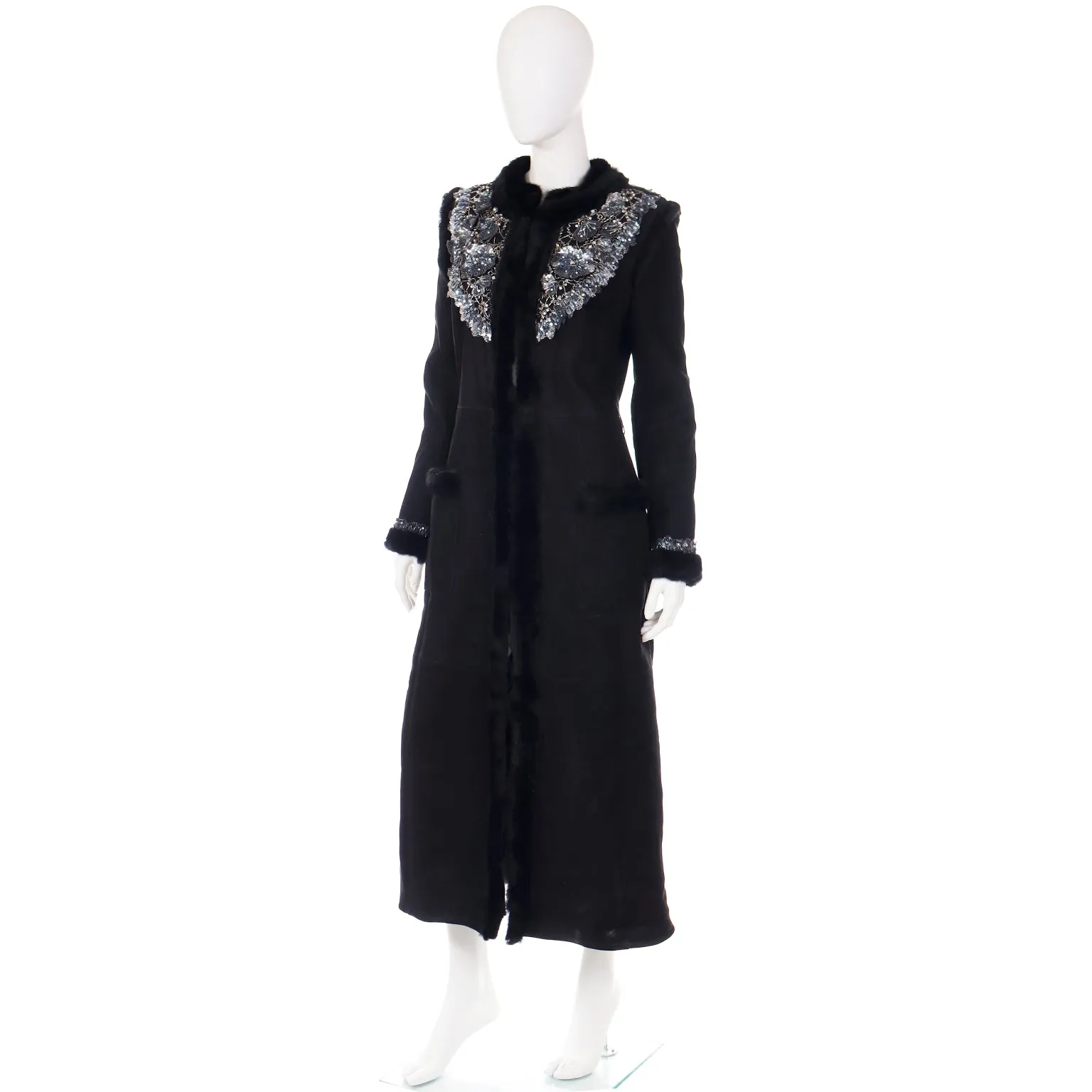 2007 Valentino Floral Beaded Sheepskin Long Coat W/ Mink Fur Lining & Trim