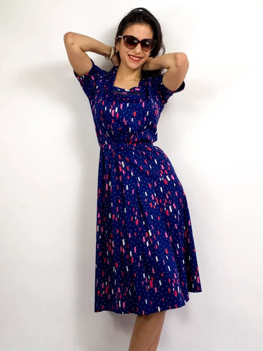 80s vintage navy blue midi dress