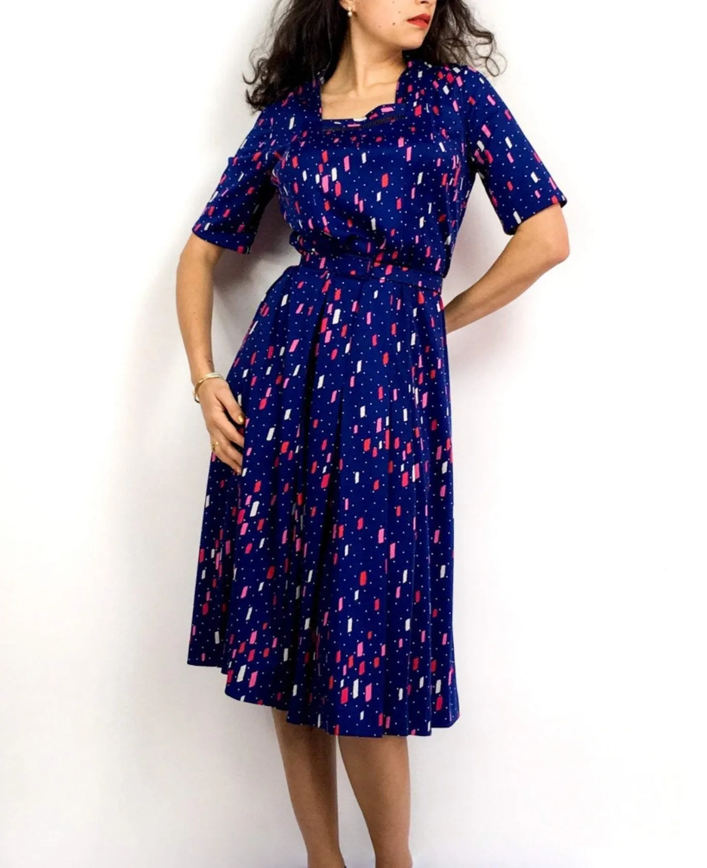 80s vintage navy blue midi dress