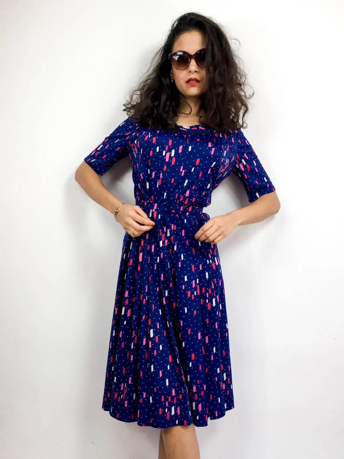 80s vintage navy blue midi dress