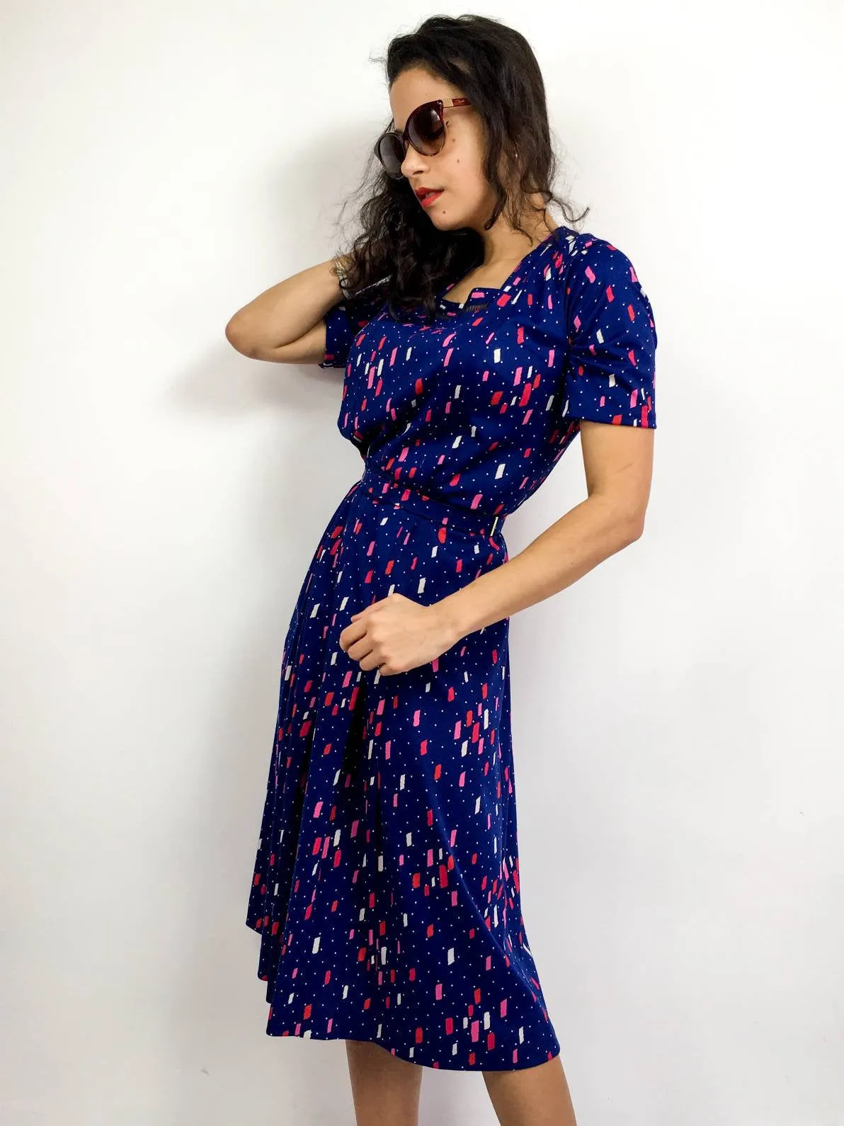 80s vintage navy blue midi dress