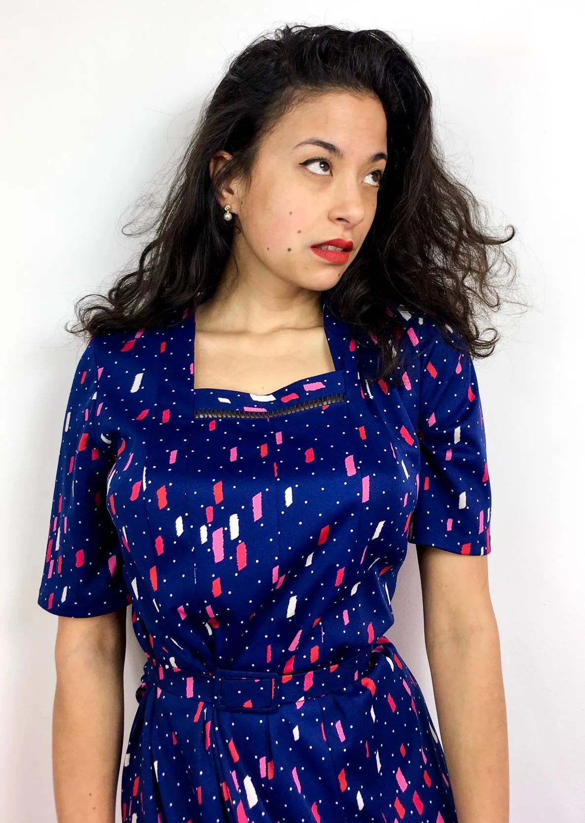 80s vintage navy blue midi dress