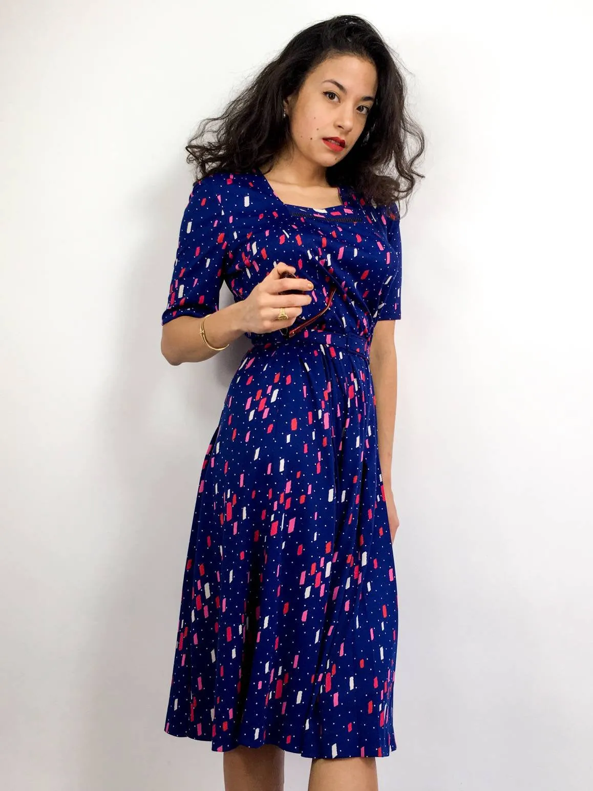 80s vintage navy blue midi dress