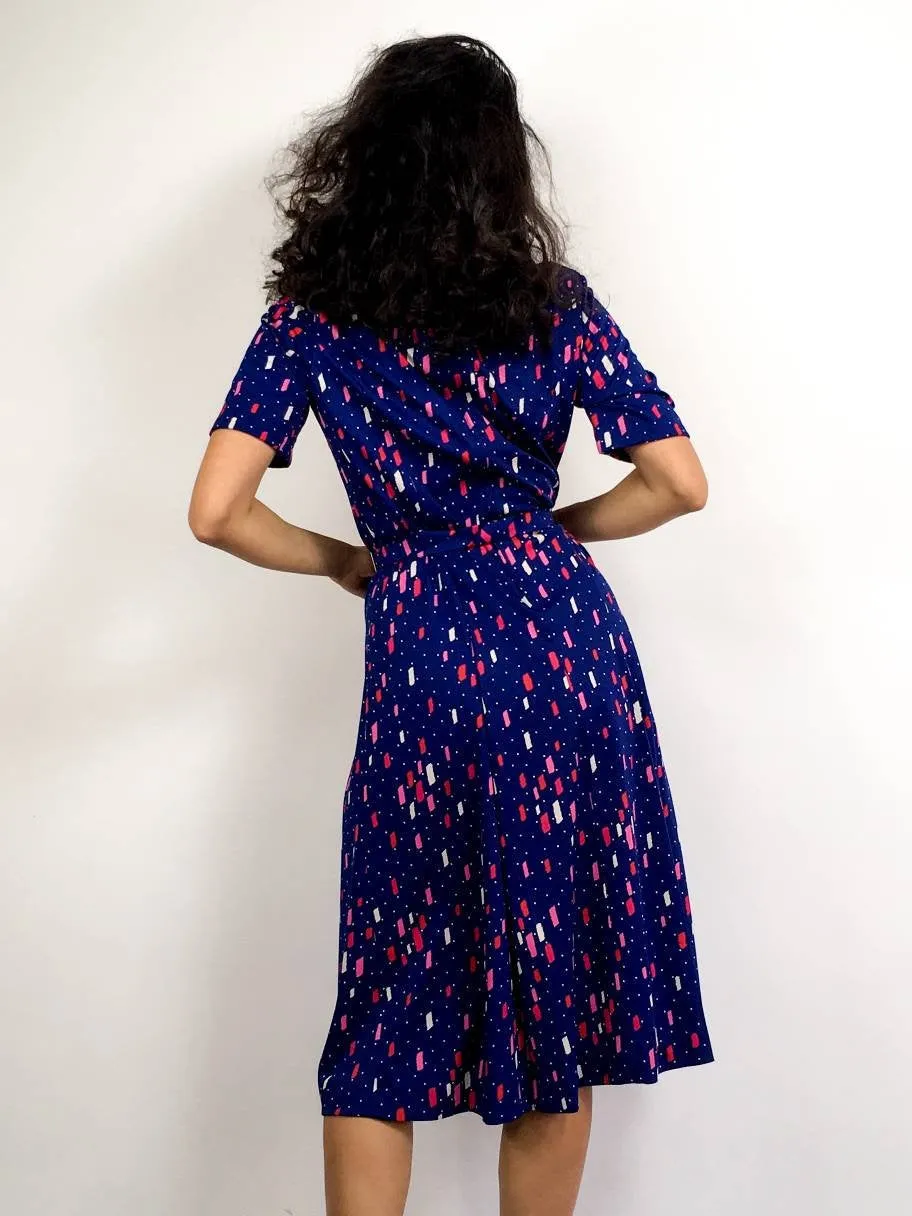 80s vintage navy blue midi dress