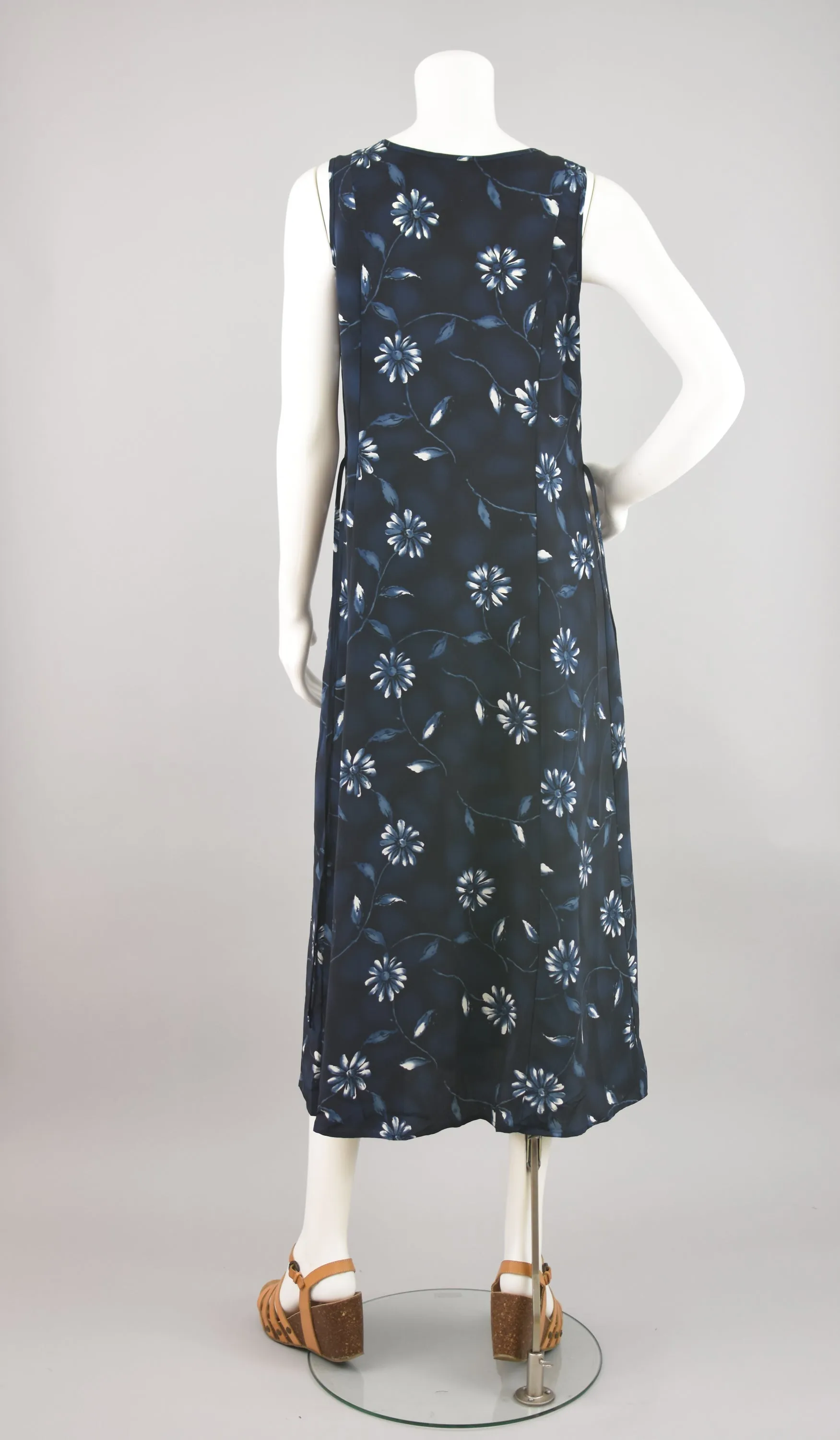 90s Blue Floral Sleeveless Maxi Dress, Tie Back, Women's Small