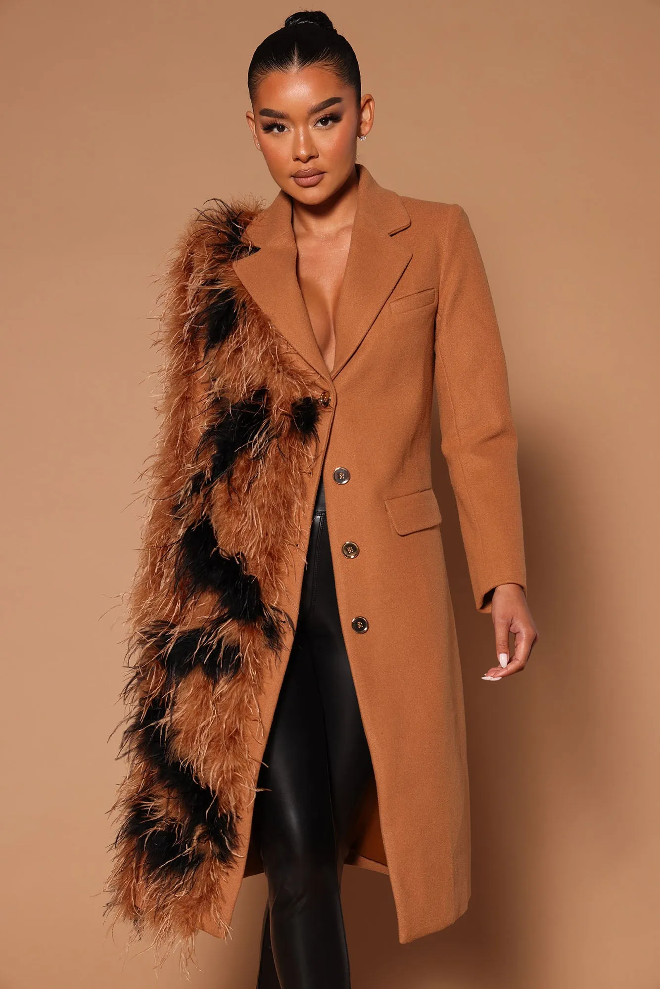 Alicia Feather Long Coat - Camel