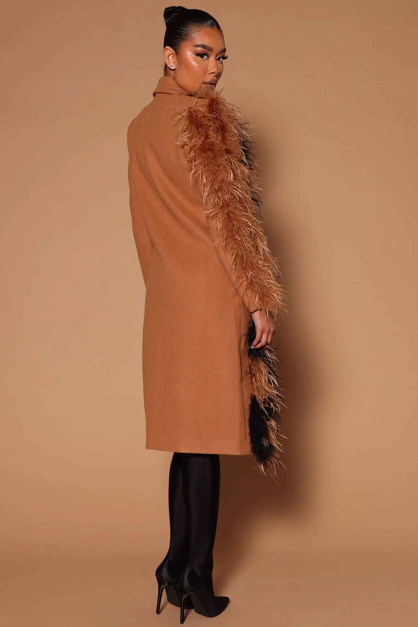 Alicia Feather Long Coat - Camel