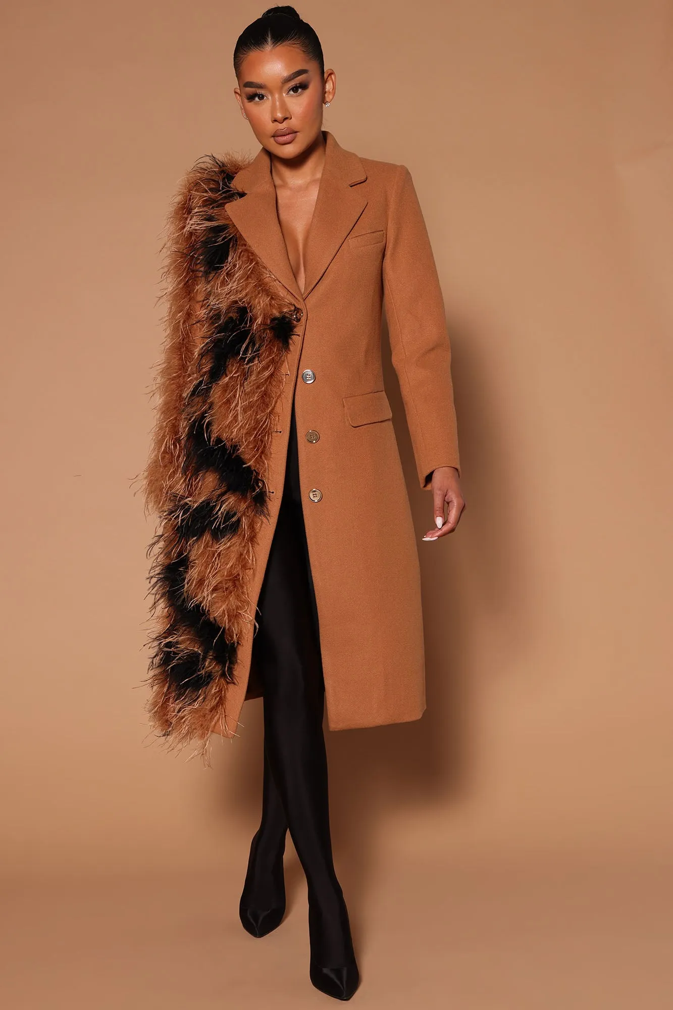 Alicia Feather Long Coat - Camel