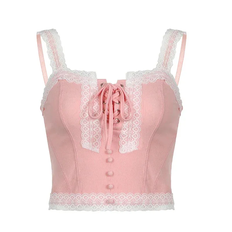 Amozae Girly Y2K Tie Up Lace Tank Top with Lace Patchwork Skinny Pink Square Collar Women Cropped Vest Chic Streetwear Fairy