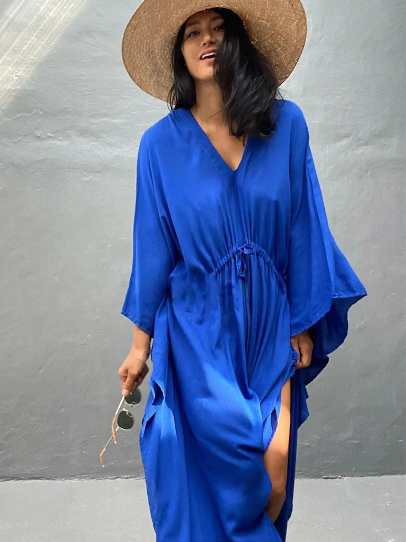 Amozae-Sexy New Long Sleeves Beach Cover Ups Women`s Swimwear 2024 Solid Color Belt Swimsuit Kimono Tunic Bathing Suit Beach Wear