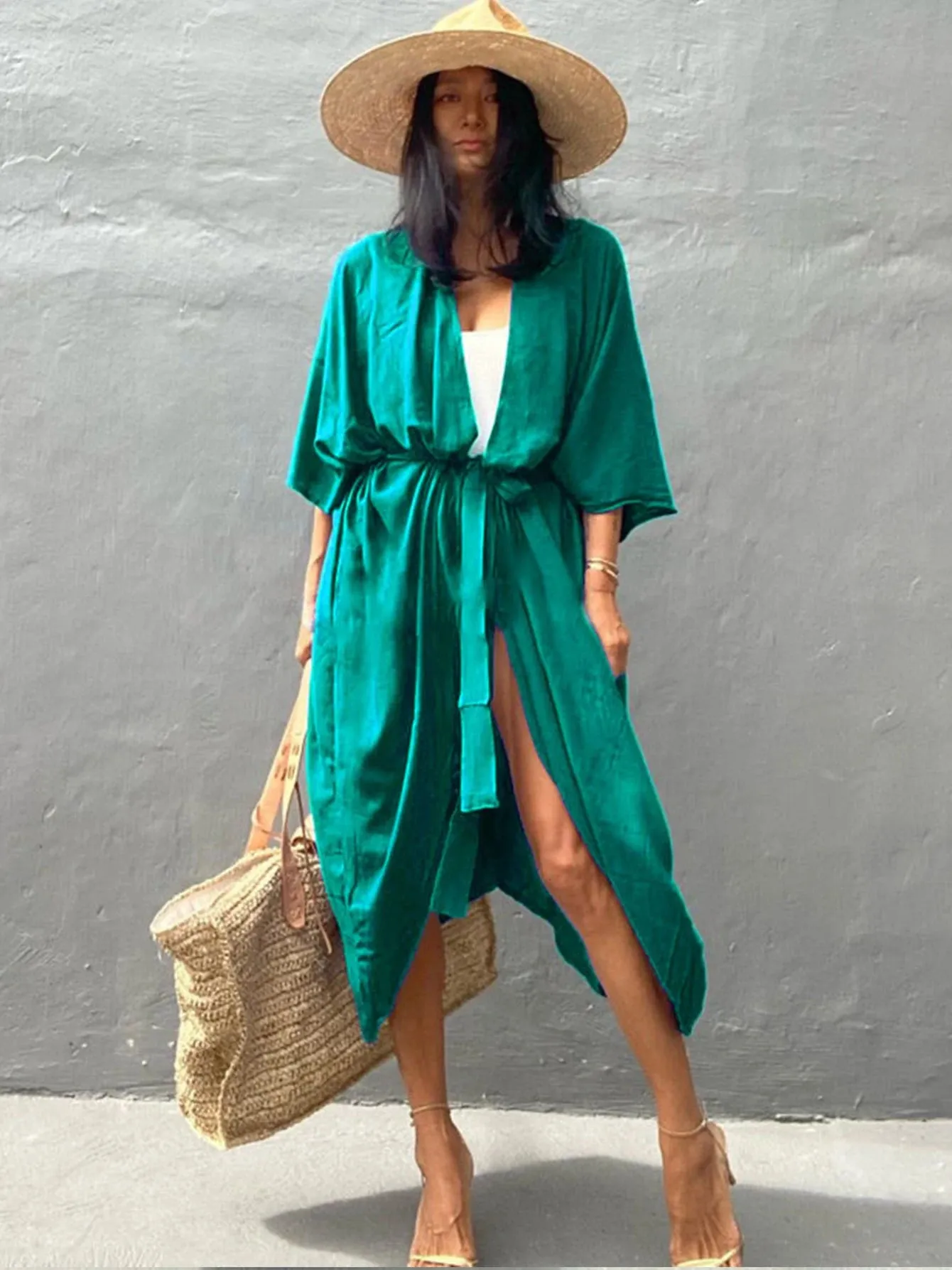 Amozae-Sexy New Long Sleeves Beach Cover Ups Women`s Swimwear 2024 Solid Color Belt Swimsuit Kimono Tunic Bathing Suit Beach Wear