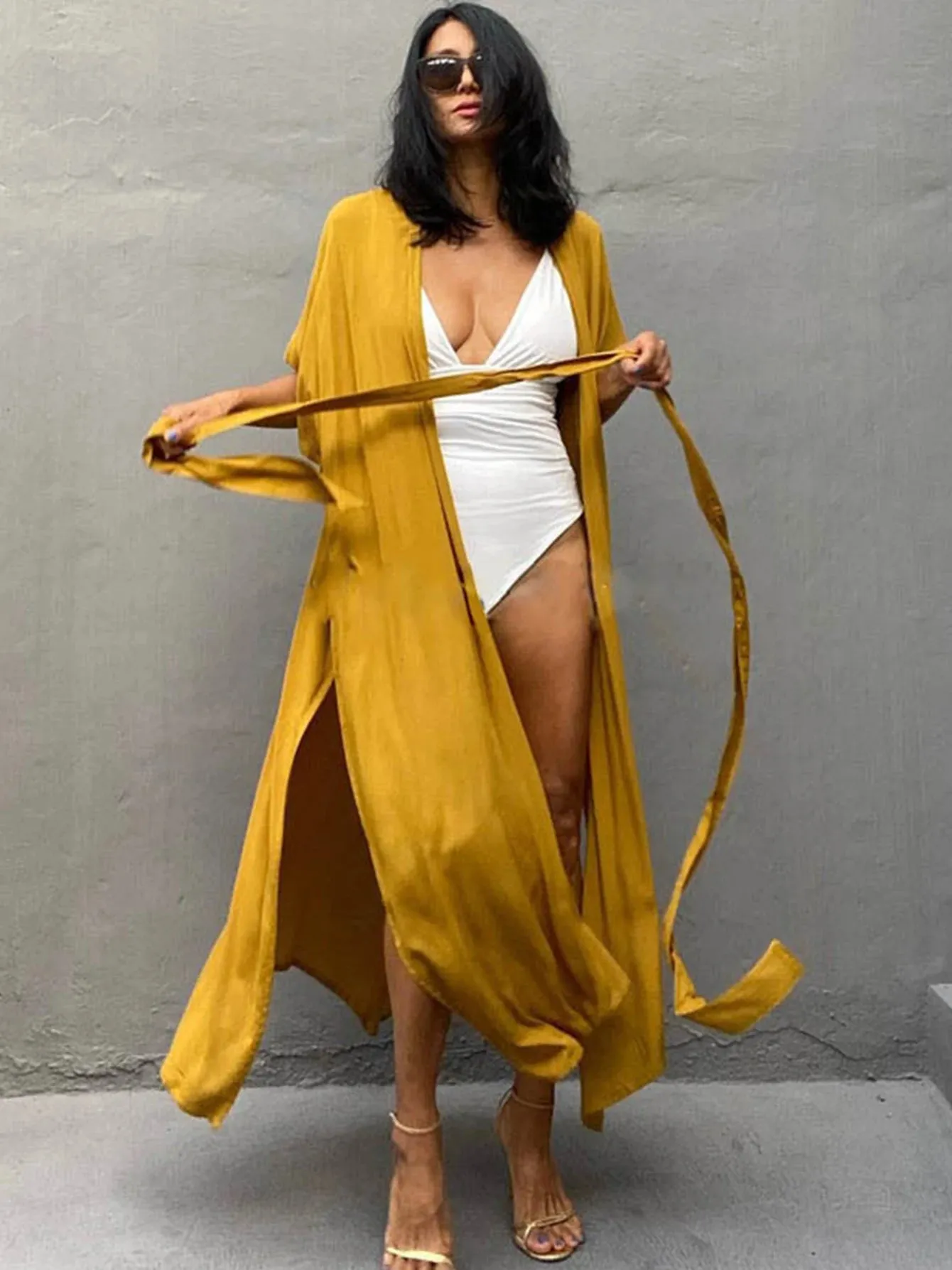 Amozae-Sexy New Long Sleeves Beach Cover Ups Women`s Swimwear 2024 Solid Color Belt Swimsuit Kimono Tunic Bathing Suit Beach Wear