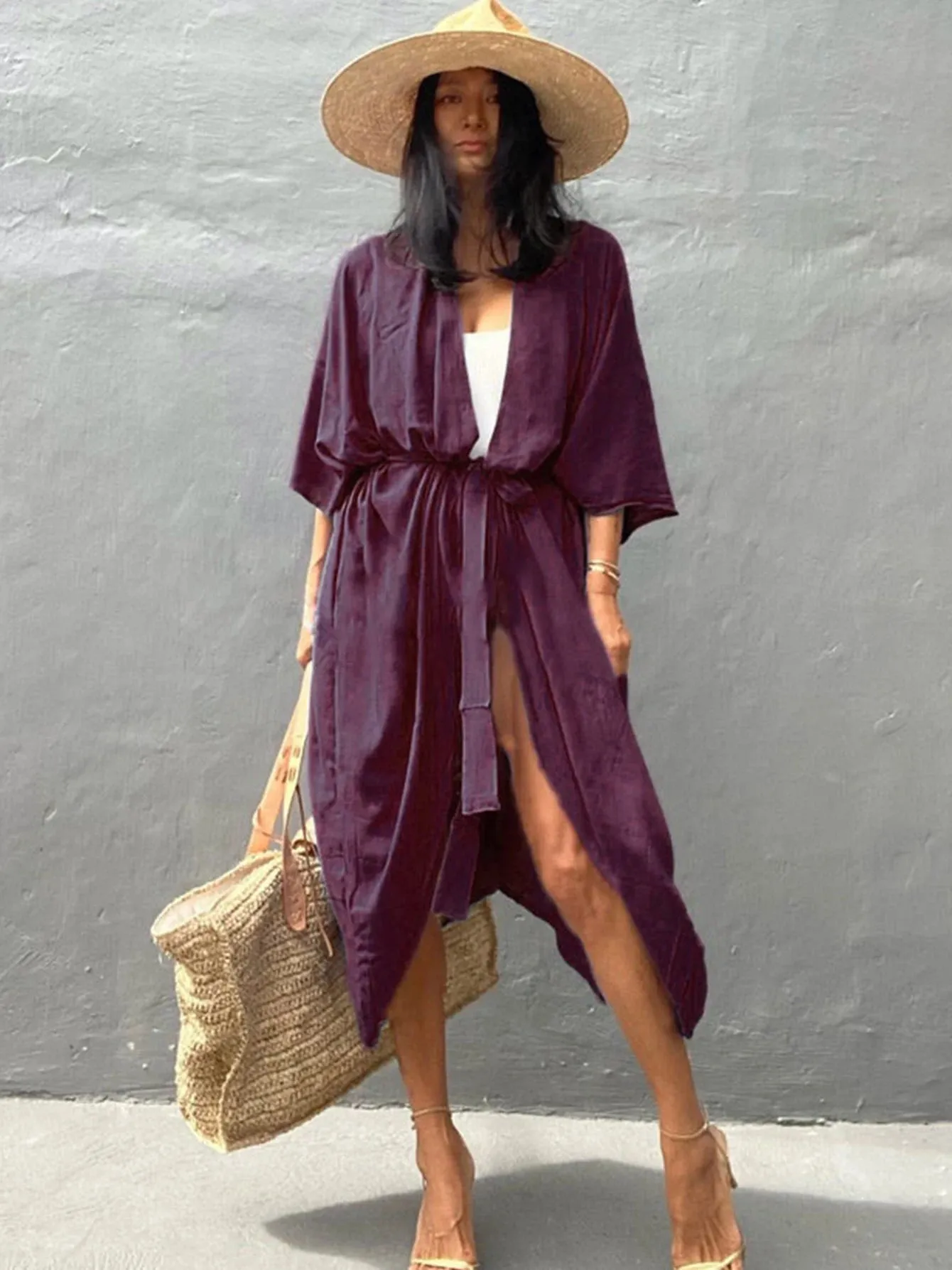 Amozae-Sexy New Long Sleeves Beach Cover Ups Women`s Swimwear 2024 Solid Color Belt Swimsuit Kimono Tunic Bathing Suit Beach Wear