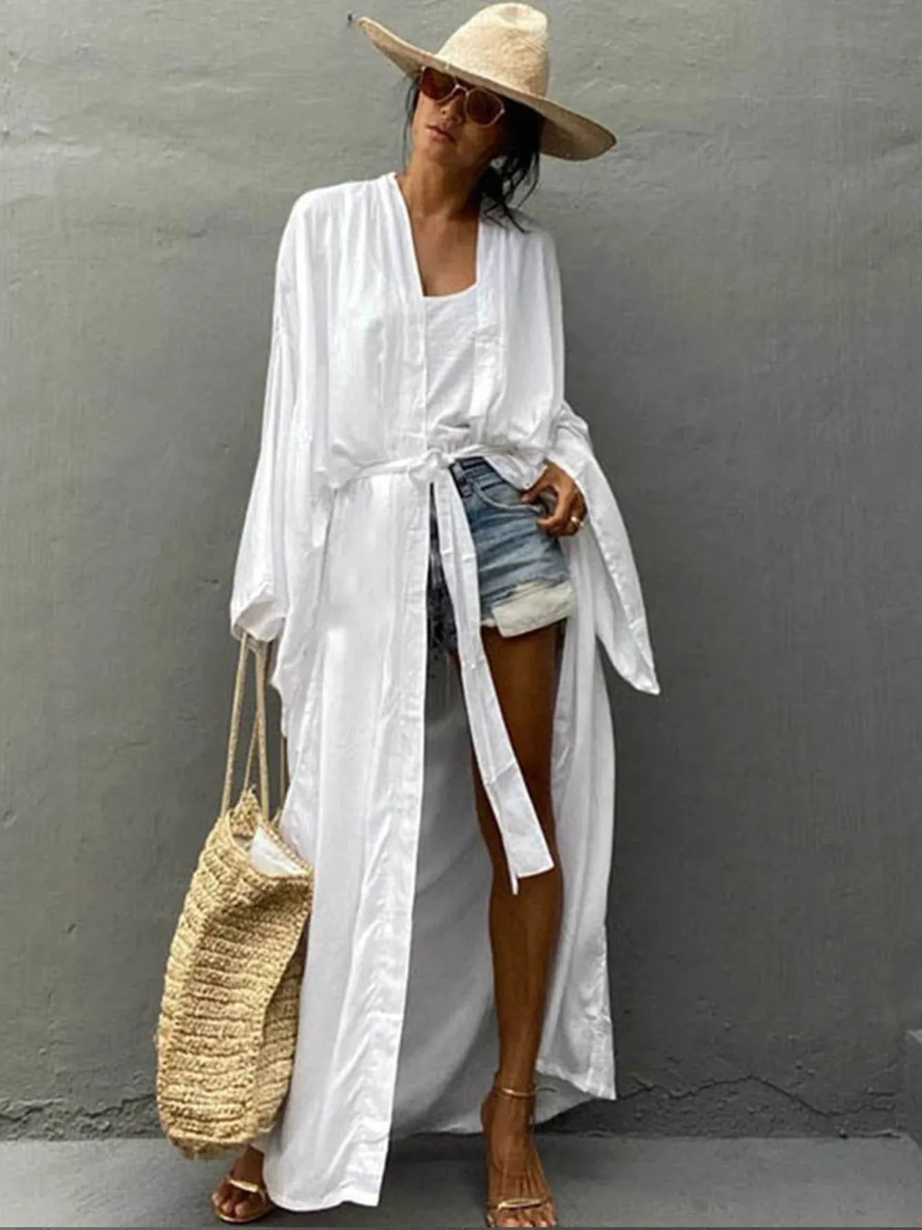 Amozae-Sexy New Long Sleeves Beach Cover Ups Women`s Swimwear 2024 Solid Color Belt Swimsuit Kimono Tunic Bathing Suit Beach Wear