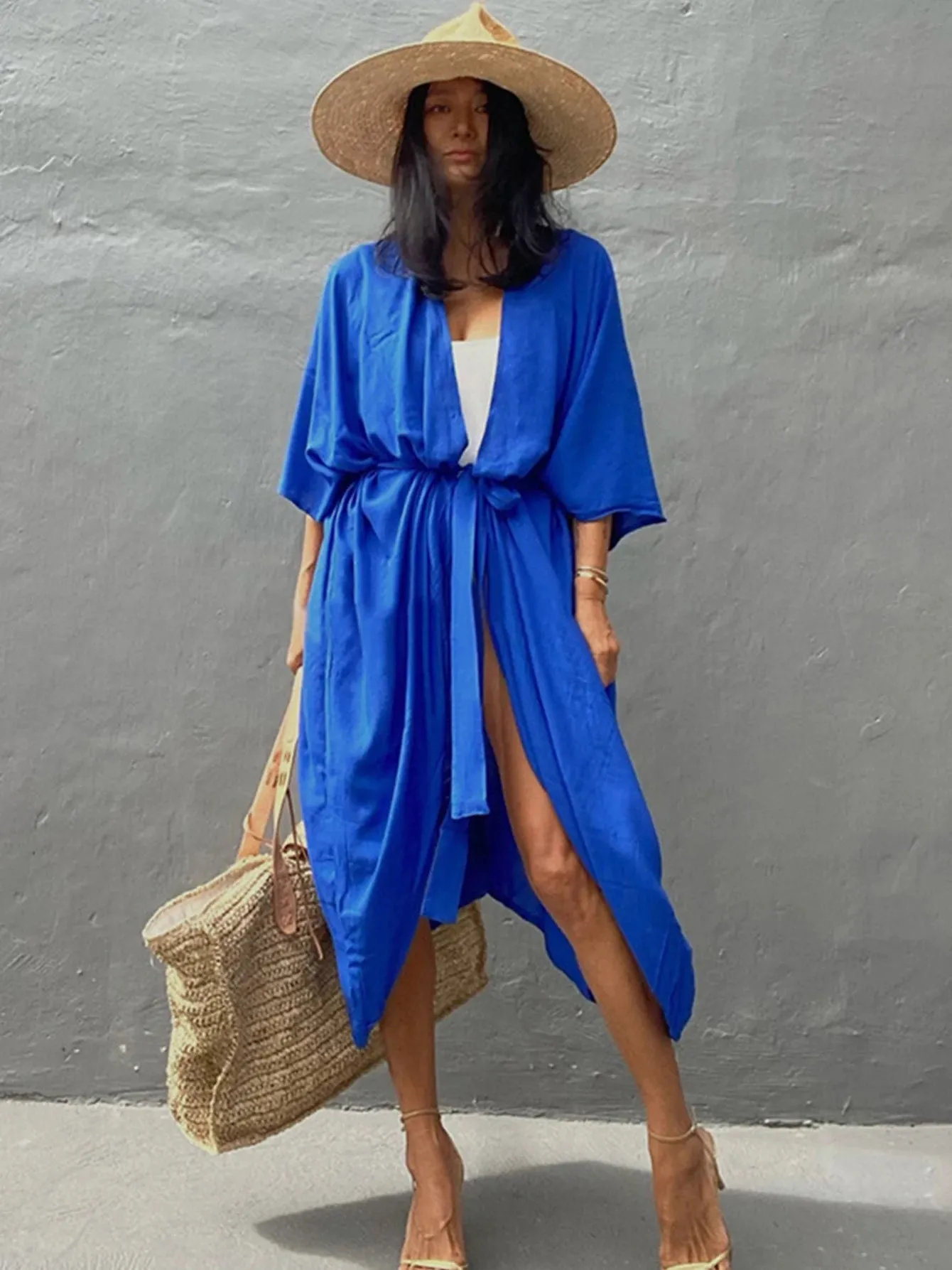 Amozae-Sexy New Long Sleeves Beach Cover Ups Women`s Swimwear 2024 Solid Color Belt Swimsuit Kimono Tunic Bathing Suit Beach Wear