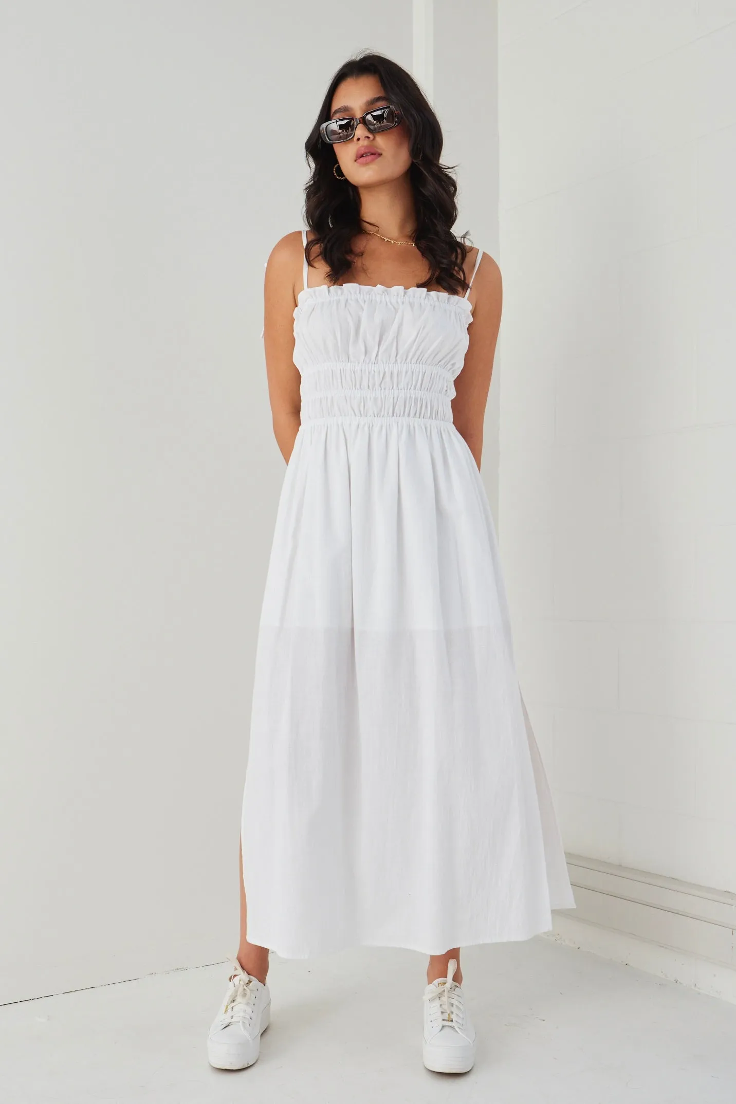 Arcadia White Cotton Gathered Tie Strap Midi Dress