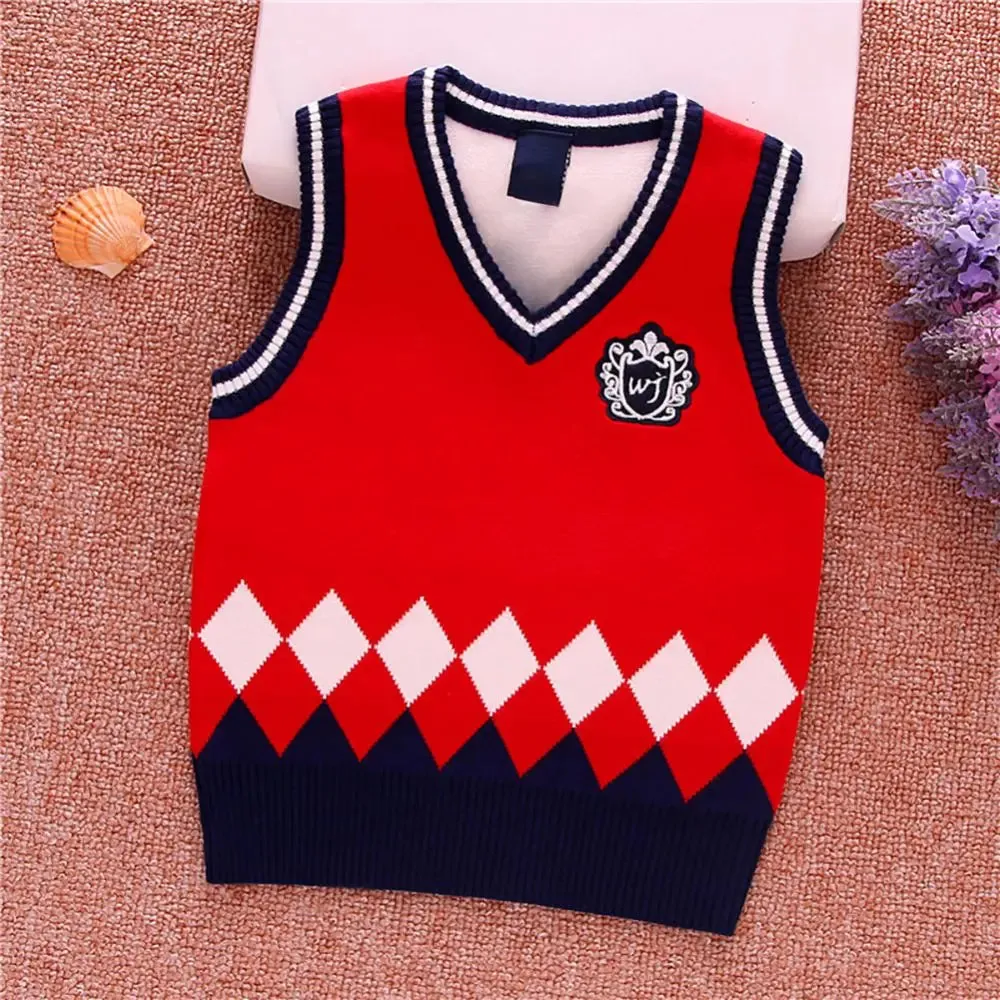 Baby Boys Sleeveless Uniform Knit Sweater Toddler Kids Knit Sweater Vest V Neck Knitted Waistcoat Autumn Winter 1-8T