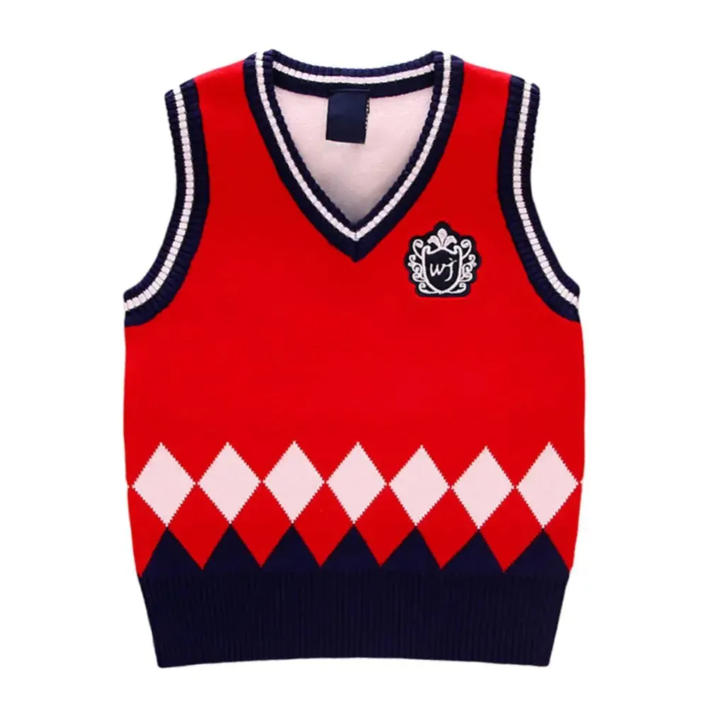 Baby Boys Sleeveless Uniform Knit Sweater Toddler Kids Knit Sweater Vest V Neck Knitted Waistcoat Autumn Winter 1-8T