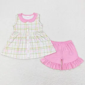 Baby Girls Clothes Easter Green Pink Checkered Tunic Ruffle Shorts Sets GSSO0416