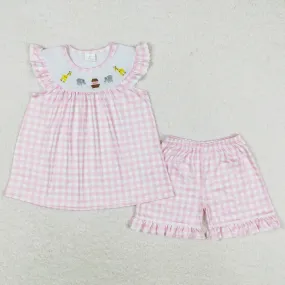 Baby Girls Clothes Giraffe Elephant Pink Checkered Tunic Top Ruffle Shorts Sets GSSO0795