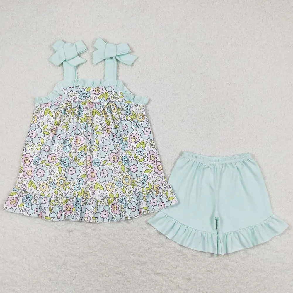 Baby Girls Clothes Green Flowers Flutter Sleeve Tunic Ruffle Shorts Sets GSSO1018