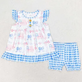 Baby Girls Clothes July 4th Blue Bows Flags Tunic Shorts Clothes Sets GSSO1139