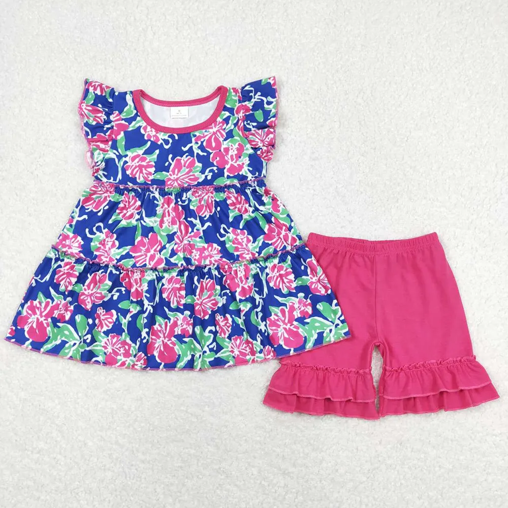 Baby Girls Clothes Navy Flowers Tunic Shorts Summer Sets GSSO0613