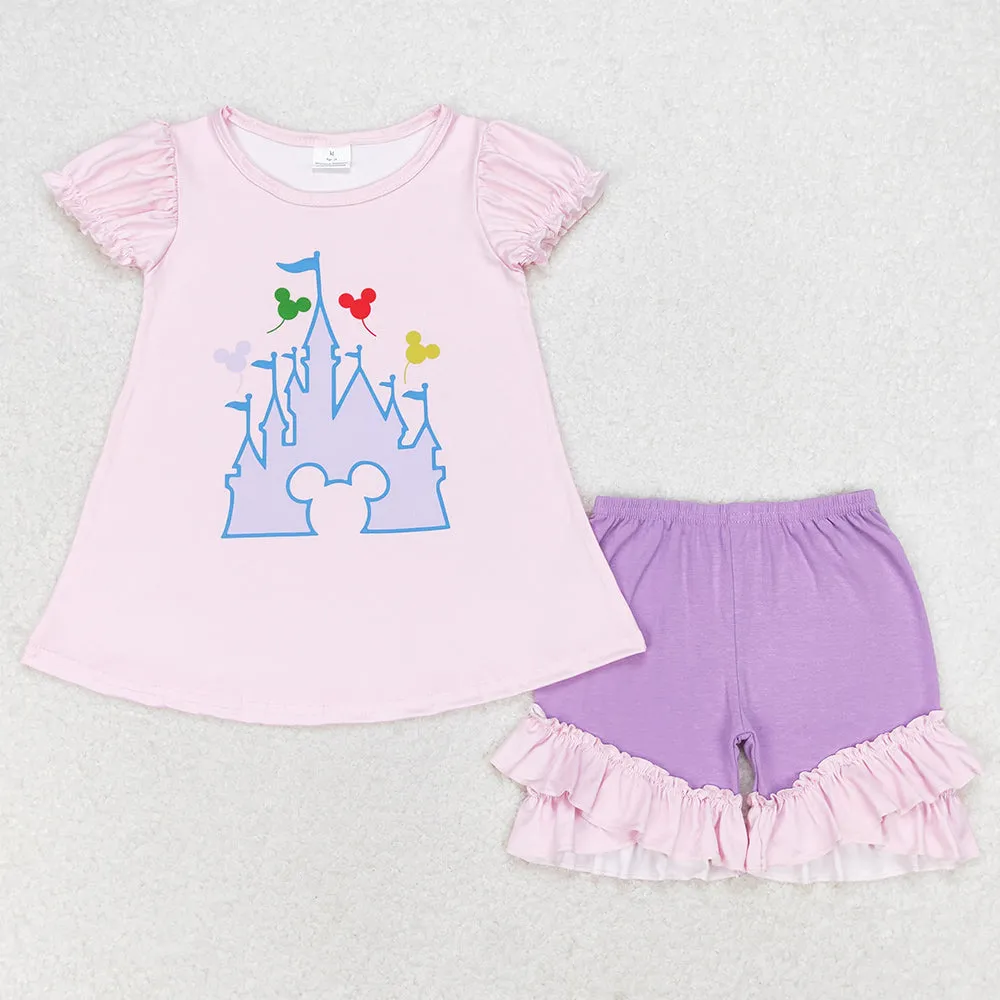 Baby Girls Clothes Pink Castle Tunic Tops Ruffle Shorts Sets GSSO1185