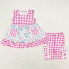 Baby Girls Clothes Pink Checkered Floral Tunic Top Ruffle Middle Length Shorts Sets GSSO0813