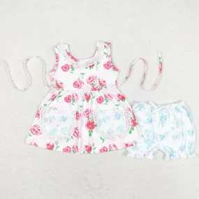 Baby Girls Clothes Pink Flowers Sleeveless Tunic Top Ruffle Shorts Sets GSSO0882