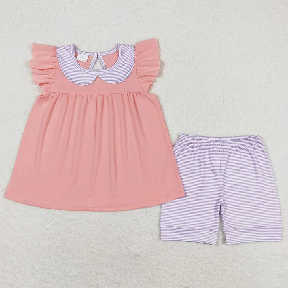 Baby Girls Clothes Pink Flutter Sleeve Ruffle Tunic Shorts Clothes Sets GSSO1066