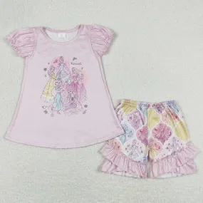 Baby Girls Clothes Pink Princess Short Sleeve Tunic Top Ruffle Shorts Sets GSSO0821