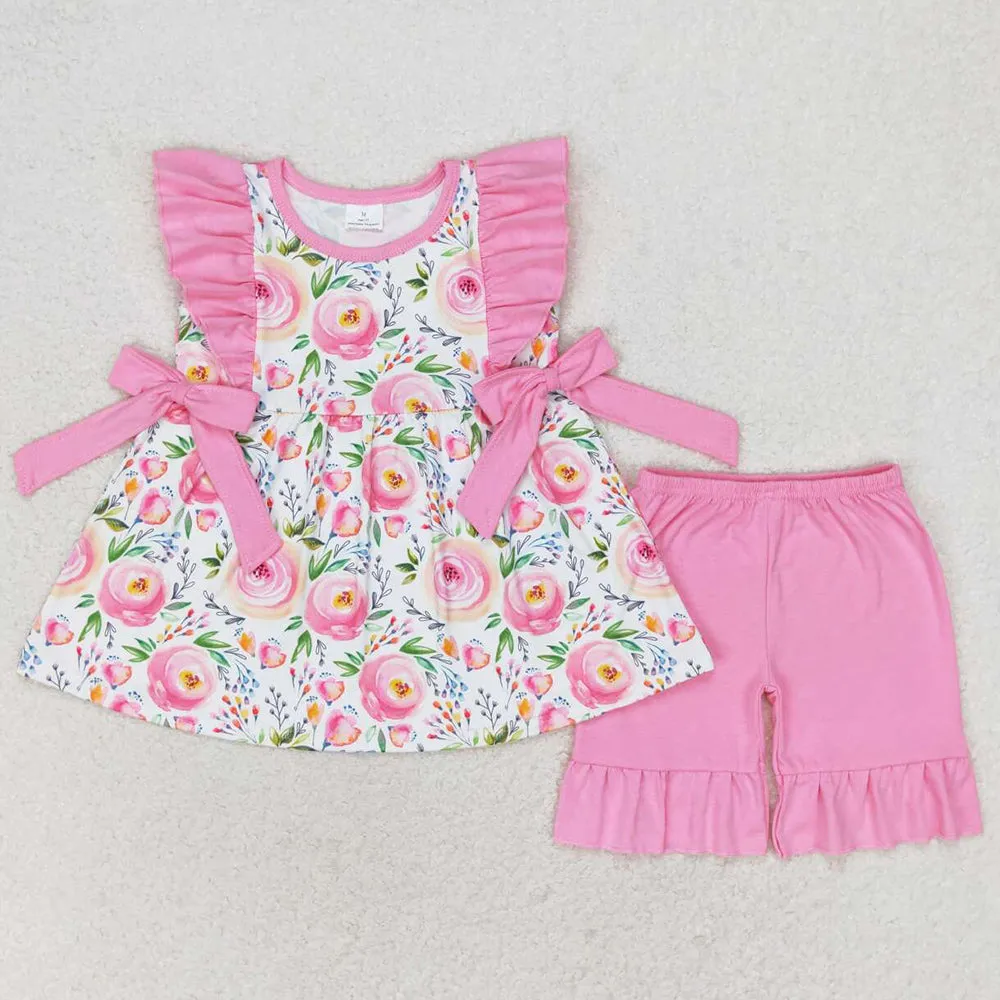 Baby Girls Clothes Pink Rose Flowers Ruffle Bows Tunic Tops Shorts Sets GSSO1003