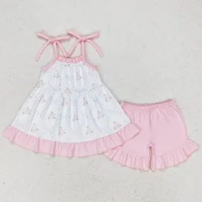 Baby Girls Clothes Pink Small Flowers Straps Tunic Top Ruffle Shorts Sets GSSO0725