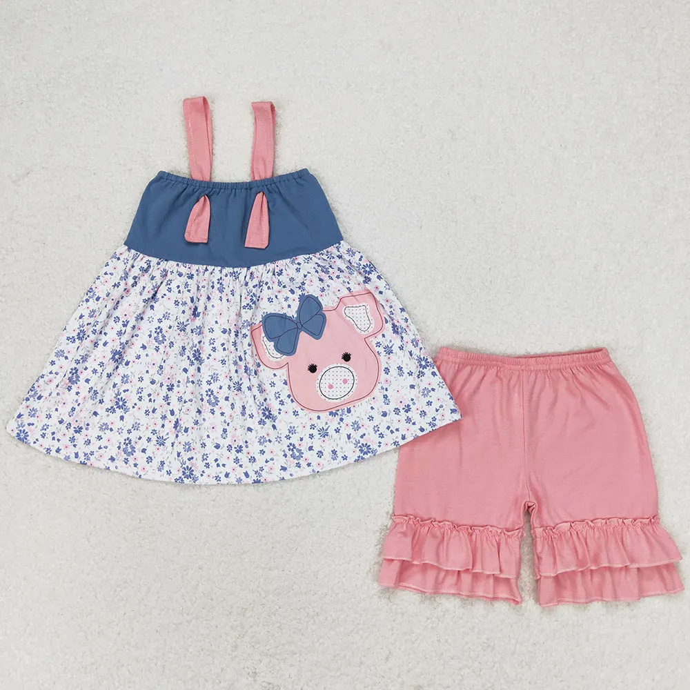 Baby Girls Clothes Pink Straps Pig Tunic Top Ruffle Shorts Sets GSSO0493