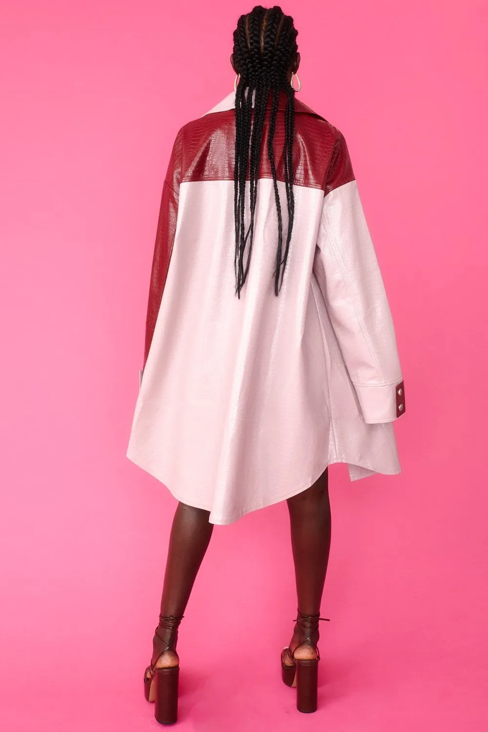 Baby Pink and Red Oversized Faux Suede Leather Trench Coat with Exaggerated Collar