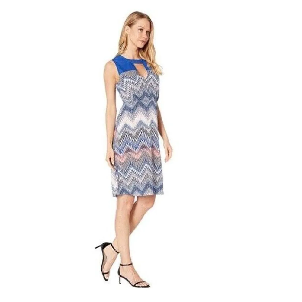 BCBGMAXAZRIA Women's Blue Zig Zag Print Cut Out Dress