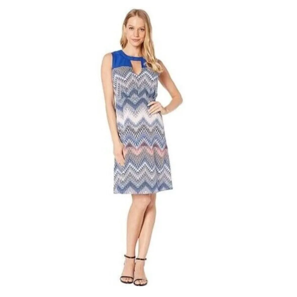 BCBGMAXAZRIA Women's Blue Zig Zag Print Cut Out Dress