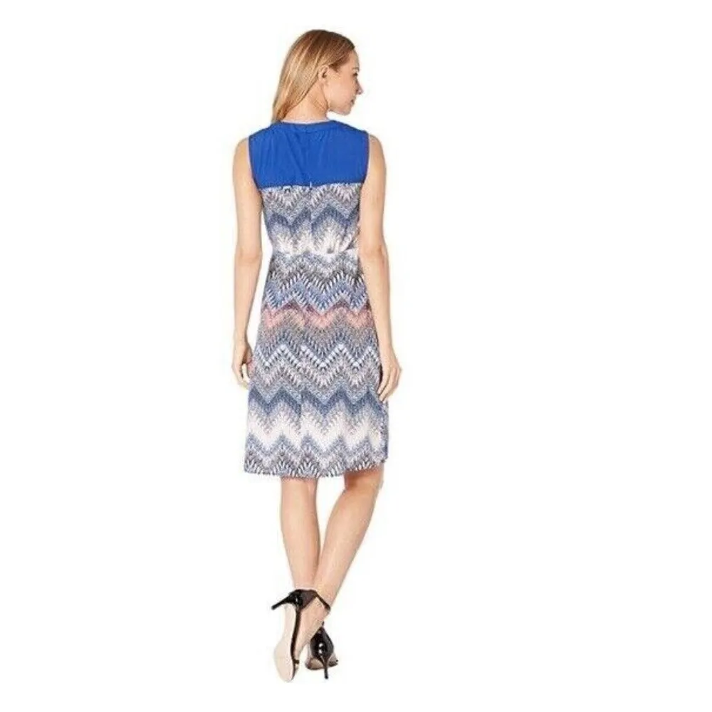 BCBGMAXAZRIA Women's Blue Zig Zag Print Cut Out Dress