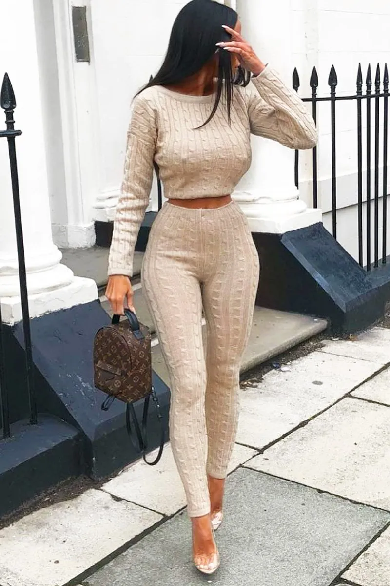 Beige Cable Knit Loungewear Co-ord - Anha