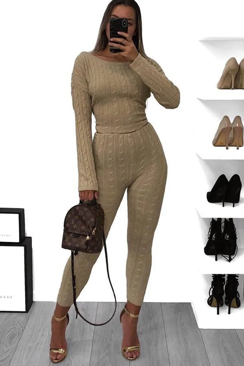 Beige Cable Knit Loungewear Co-ord - Anha