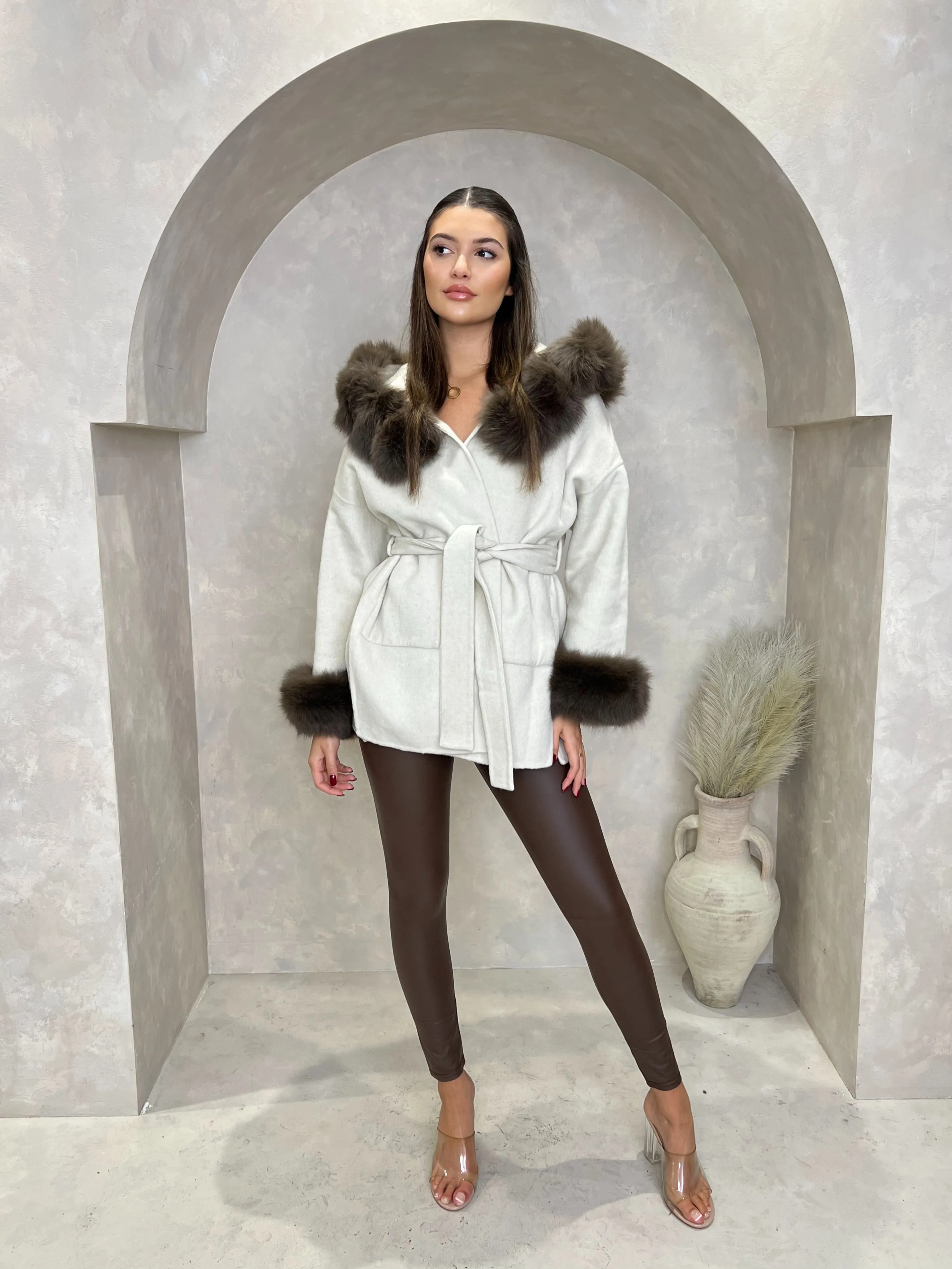 Beige/Chocolate Cashmere Coat With Fox Fur Trim