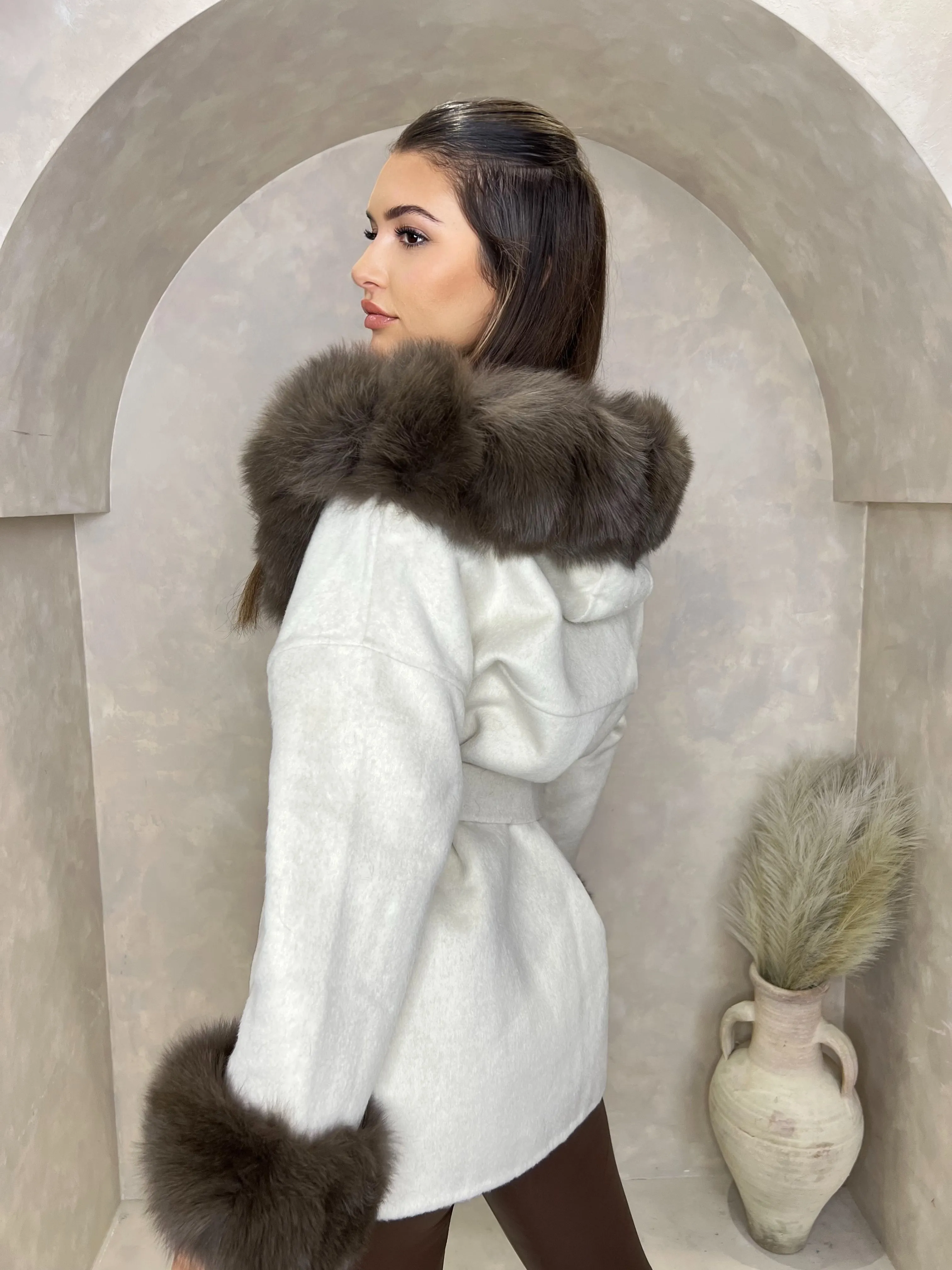 Beige/Chocolate Cashmere Coat With Fox Fur Trim