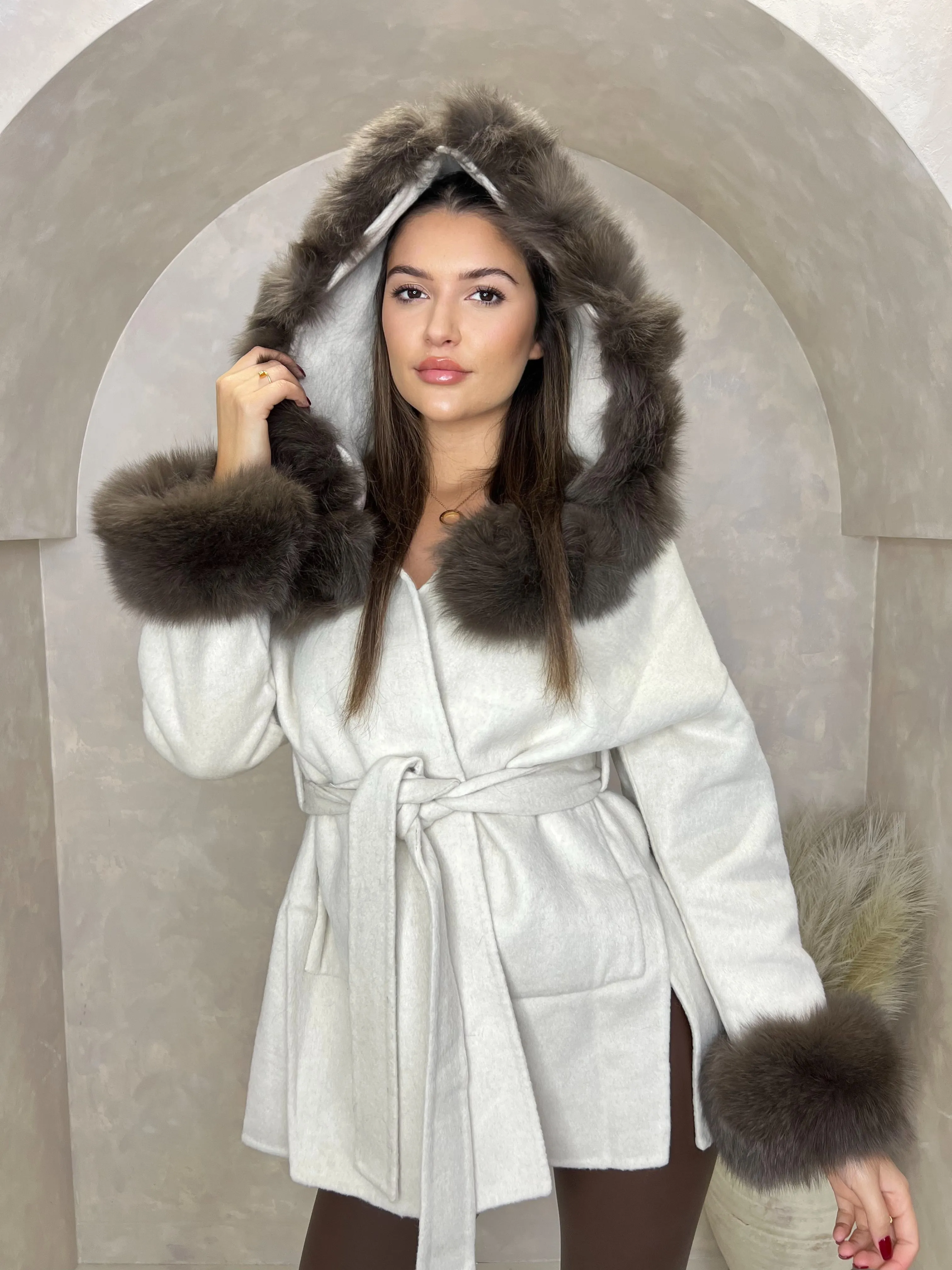 Beige/Chocolate Cashmere Coat With Fox Fur Trim