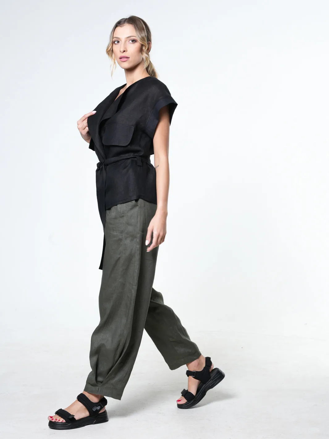 Belted Linen Wrap Top In Black