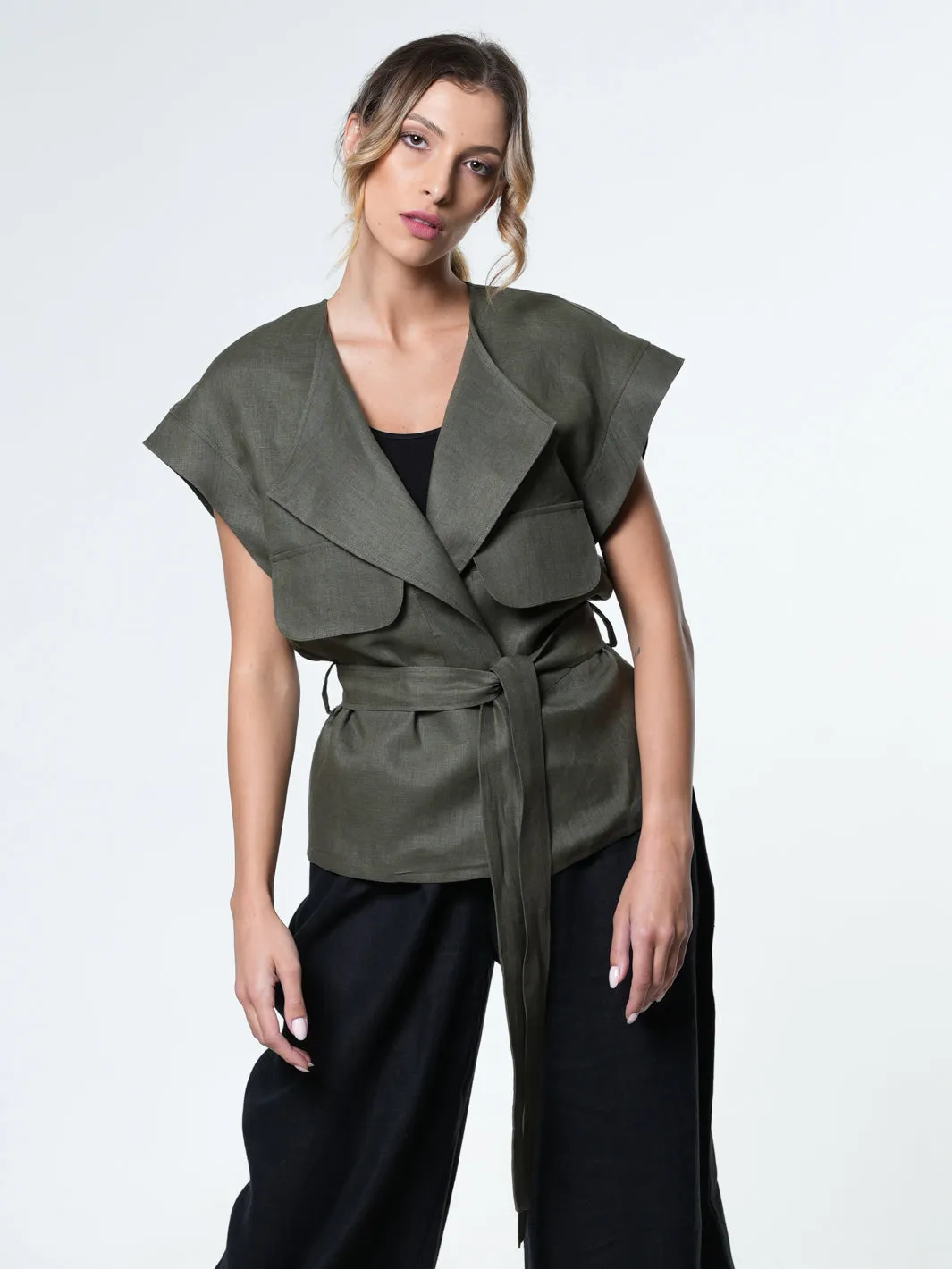 Belted Linen Wrap Top In Black