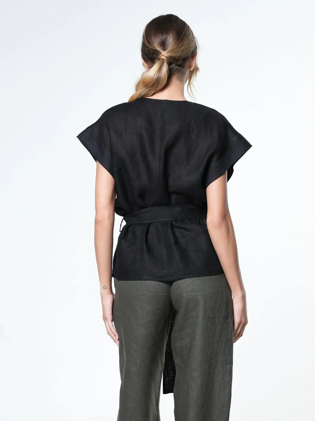 Belted Linen Wrap Top In Black